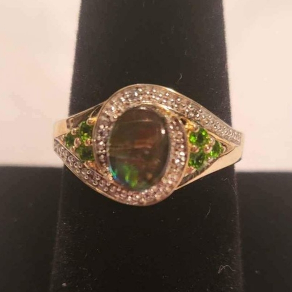 canadian ammolite Jewelry - Canadian Ammolite and Green diopside Estate Ring sterling silver size 9